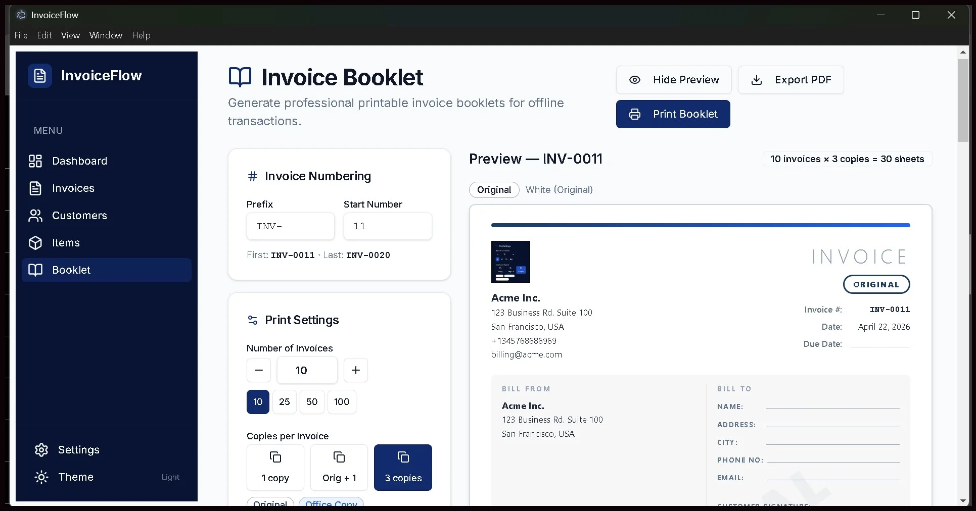 InvoiceFlow booklet printer preview for offline invoice booklet generation
