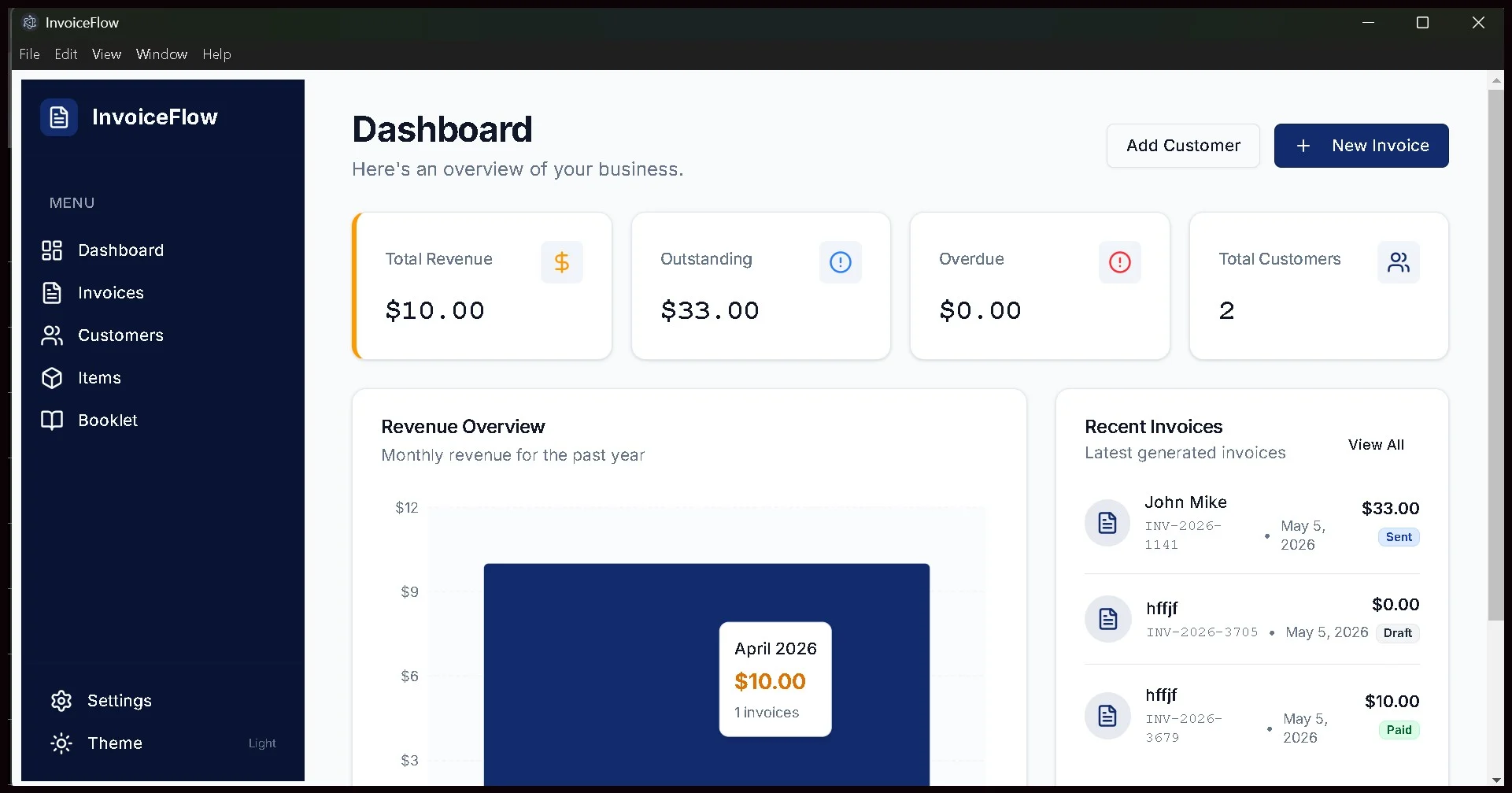 InvoiceFlow dashboard showing revenue analytics, customer totals, and recent invoices