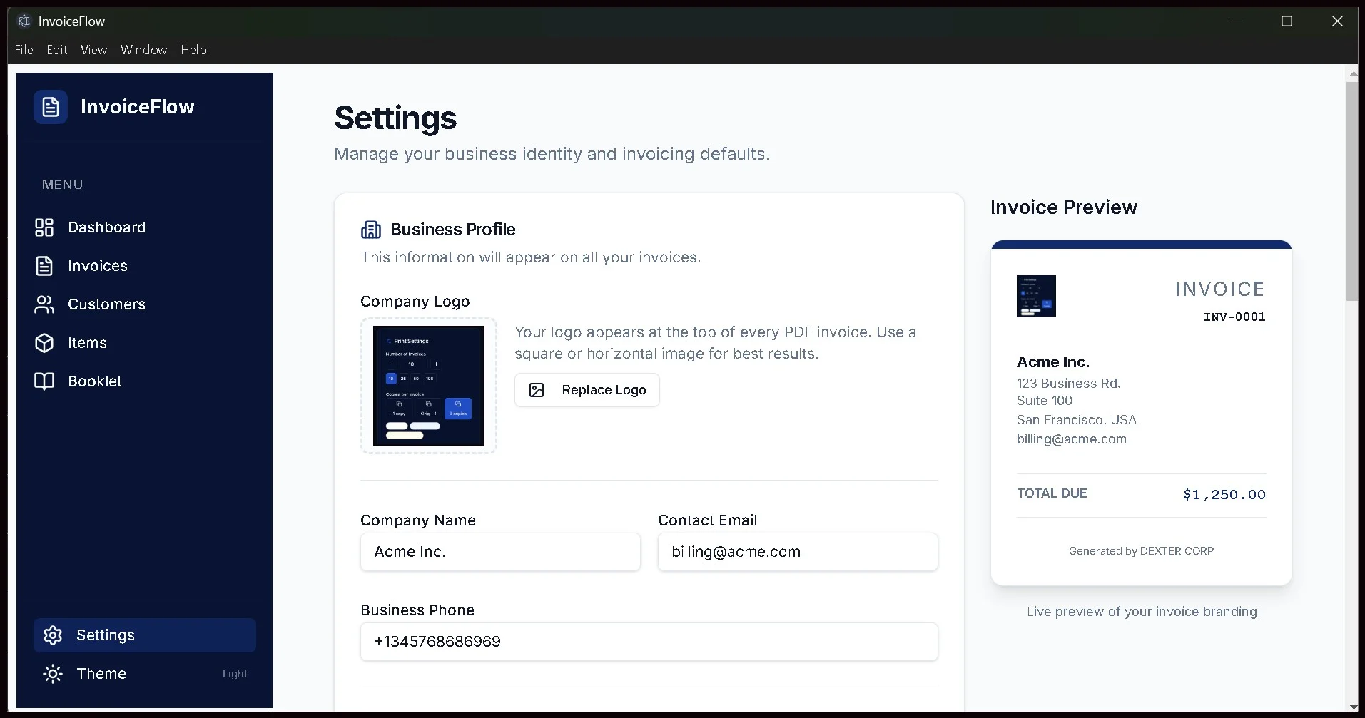 InvoiceFlow settings screen for logo, company profile, and invoice preview